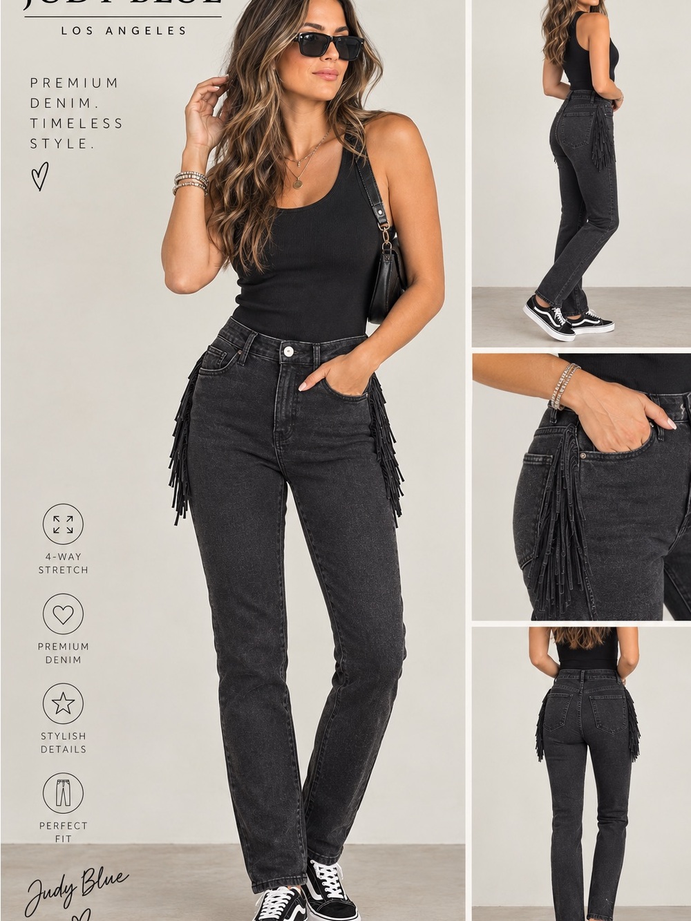 Judy Blue Washed Black High-Rise Fringe Jeans
